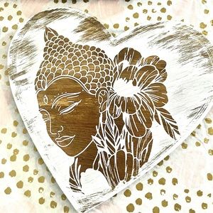 Handcrafted Buddha Heart Wooden Wall Decor. Approximately 8”x6”.